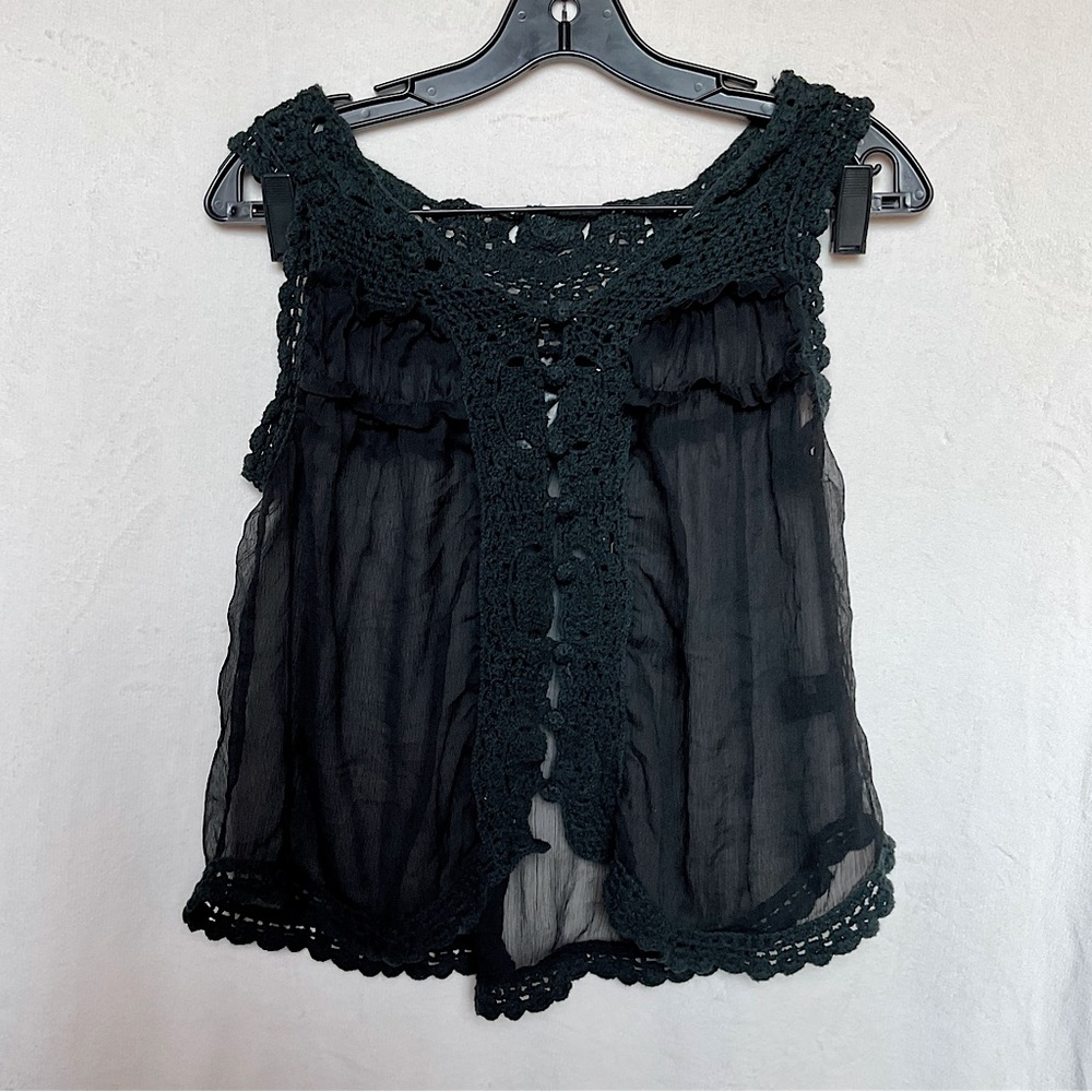 Women’s black sheer lace knit blouse button down mesh blouse grunge gypsy y2k
